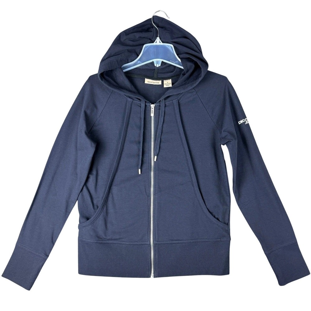 DKNY Jeans Women's M Navy Blue Full Zip Hoodie Cotton Stretch Casual Minimalist